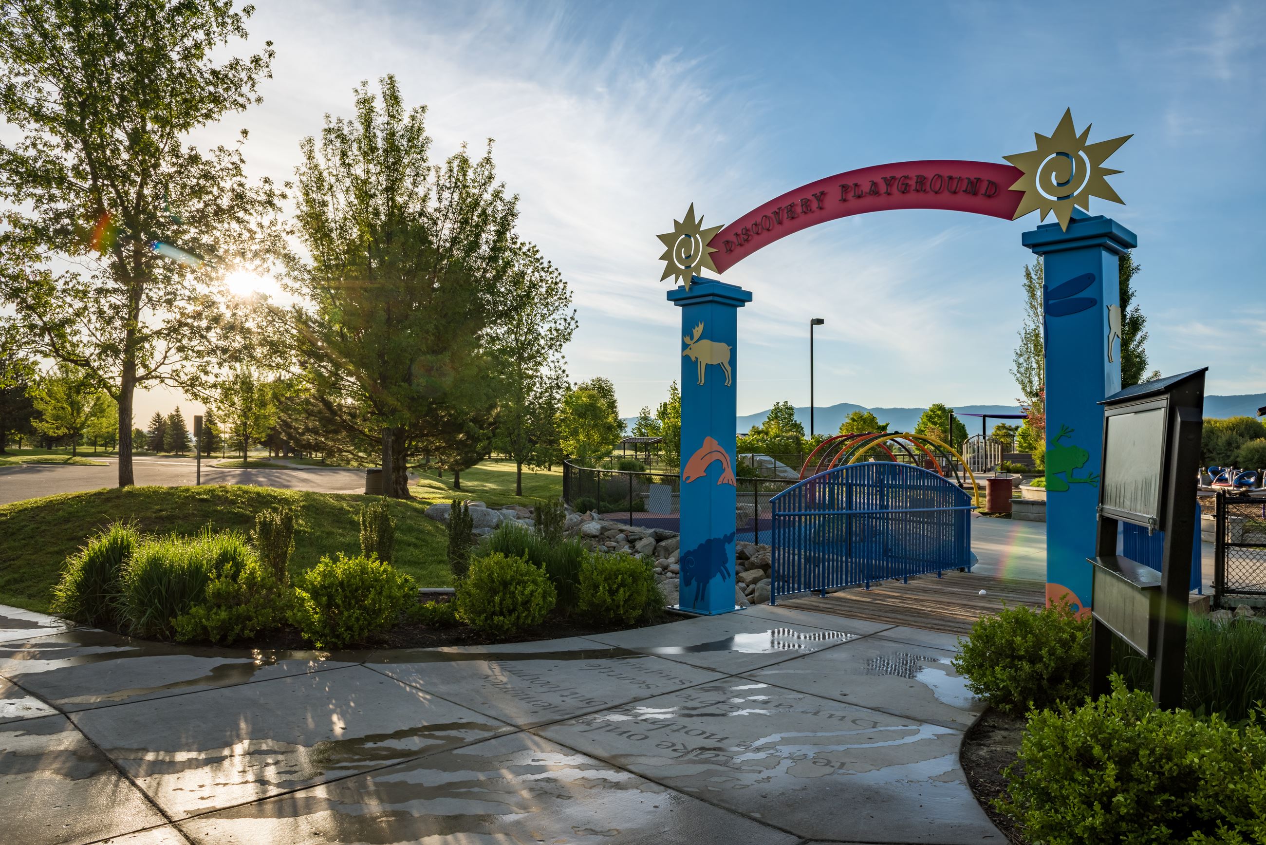 The welcome arch of the Discovery Park Playground, located at CenterPlace.