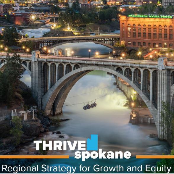 Thrive Spokane Logo with city background.