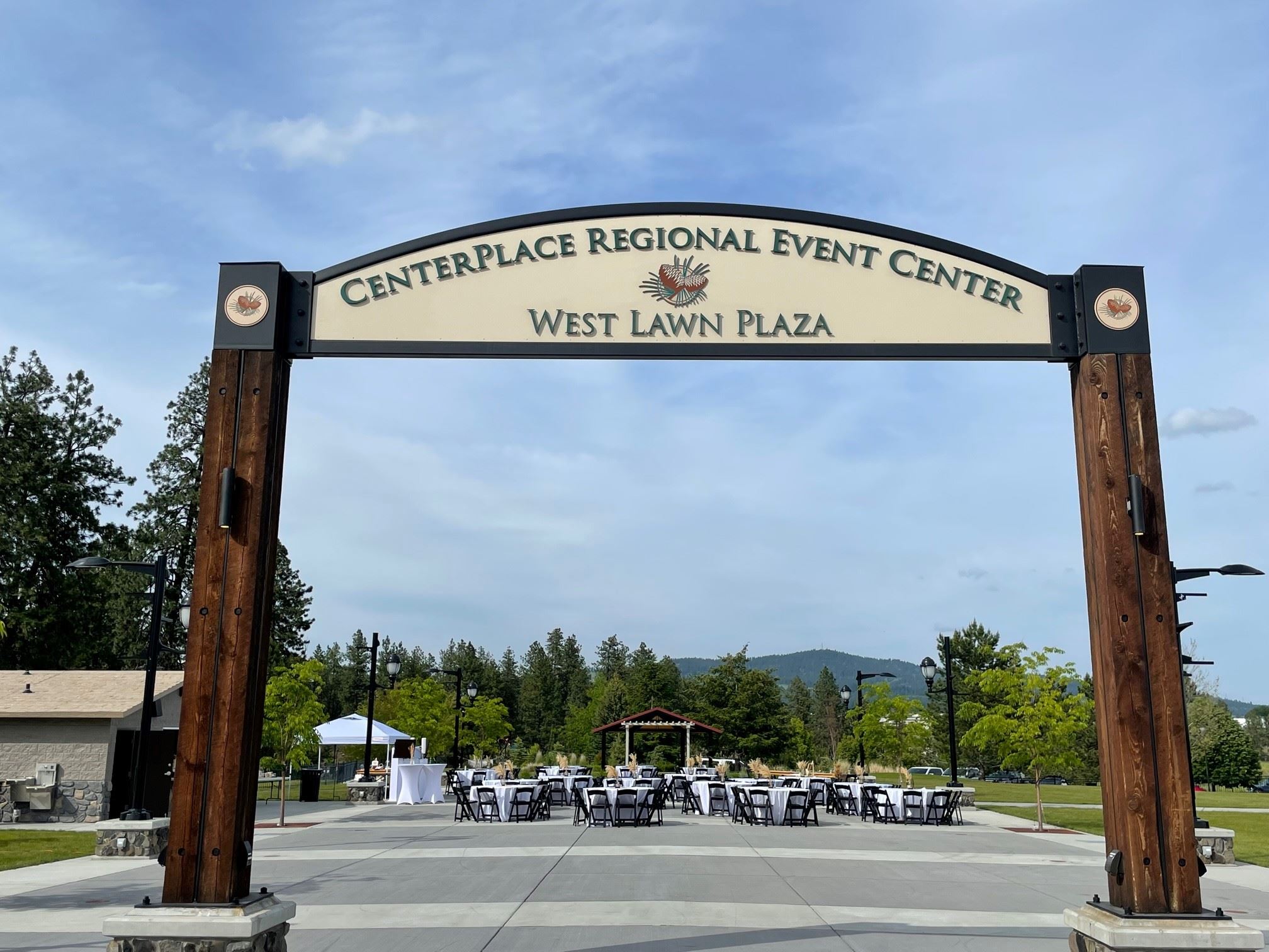 Wedding reception signs in front of the West Lawn at CenterPlace