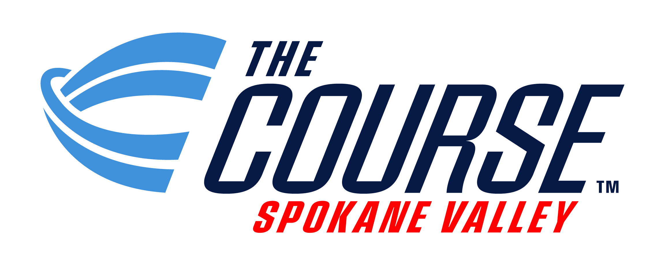 The Course Spokane Valley text with blue wave logo.