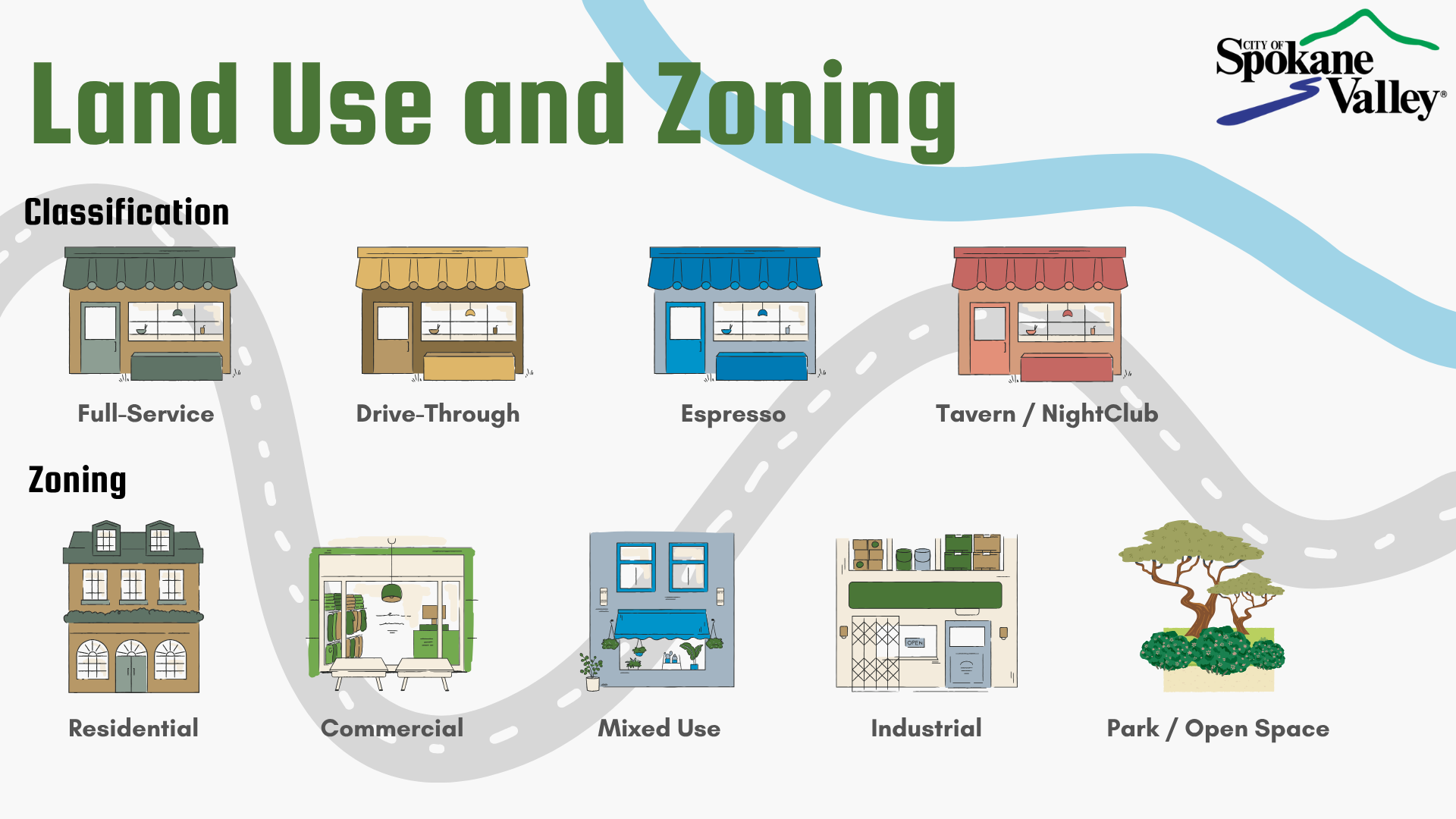 Buildings that represent different land classifications and zones.