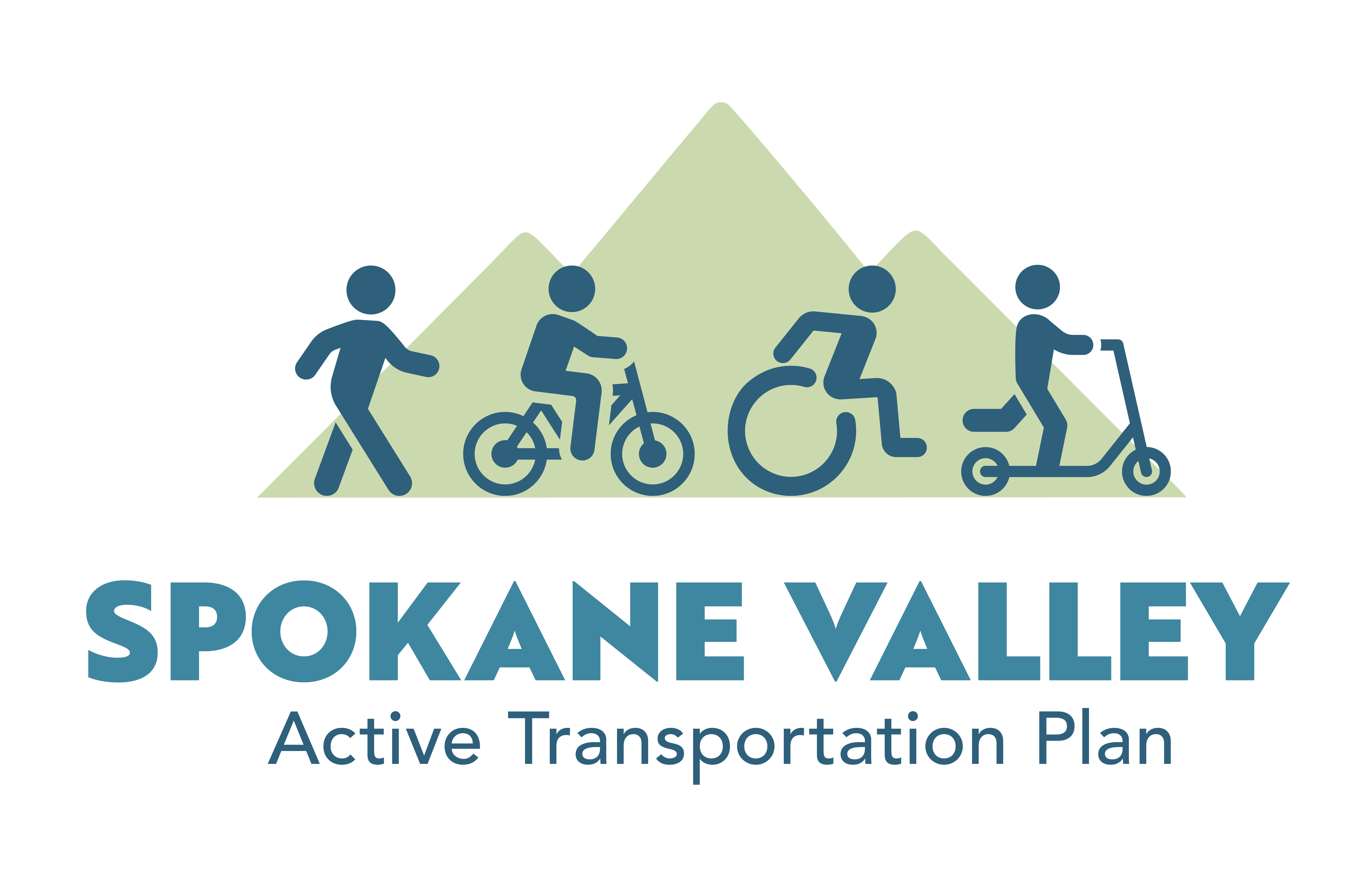 Logo of Active Transportation Plan with mountain and icons of walker, biker, wheelchair and scoot,